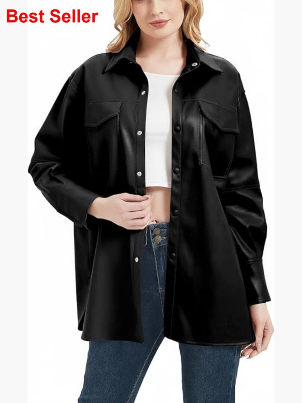 Faux Leather Shacket Jacket Relaxed Fit Brushed Lining Flap Pockets Button Down
